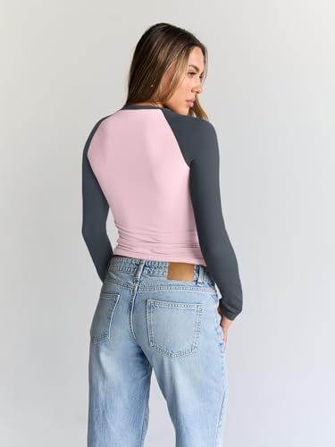 Trendy Queen Women's Long Sleeve Shirts Slim Fit Stretchy Color Block Slightly Cropped Tops