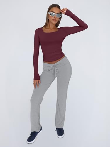 Trendy Queen Womens Long Sleeve Shirts Crop Tops Fall Fashion 2025 Square Neck Going Out Basics Tees Y2k Clothes