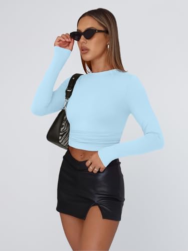 Trendy Queen Womens Long Sleeve T Shirts Fall Fashion 2025 Basic Crop Tops Going Out Outfits Y2k Clothes