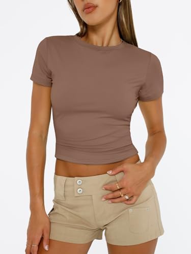 Trendy Queen Womens Short Sleeve T Shirts Summer Crop Tops Basic Slim Fit Gym Workout Y2k Clothes