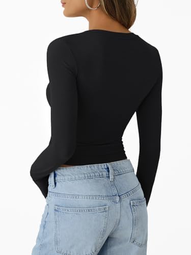 Trendy Queen Womens Long Sleeve T-Shirts Basic Crop Tops 2025 Fall Fashion Outfits Going Out Winter Clothes