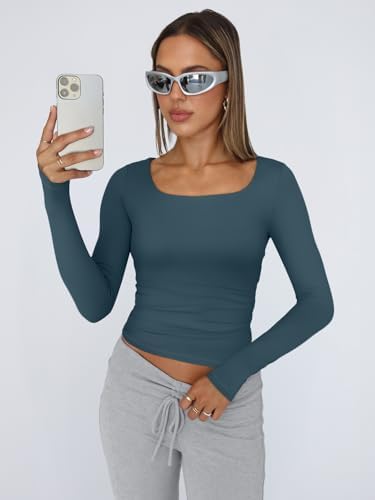 Trendy Queen Womens Long Sleeve Shirts Crop Tops Fall Fashion 2025 Square Neck Going Out Basics Tees Y2k Clothes