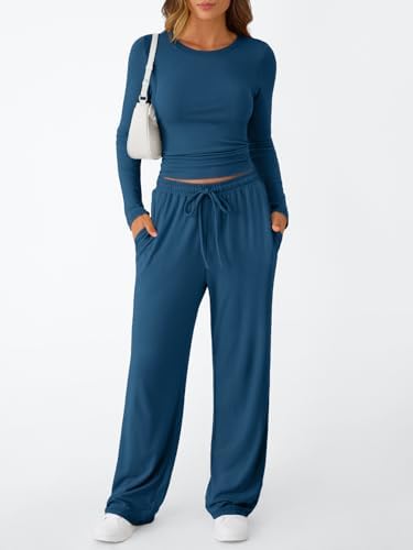 Trendy Queen Women's 2 Piece Matching Lounge Set Long Sleeve Slightly Crop Top Wide Leg Pants Casual Sweatsuit