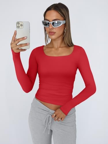 Trendy Queen Womens Long Sleeve Shirts Crop Tops Fall Fashion 2025 Square Neck Going Out Basics Tees Y2k Clothes