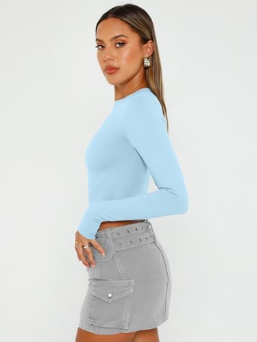 Trendy Queen Womens Long Sleeve Crop Tops Basic Slim Fitted Shirts Fashion 2025 Going Out Y2k Tops Teen Girl Clothes