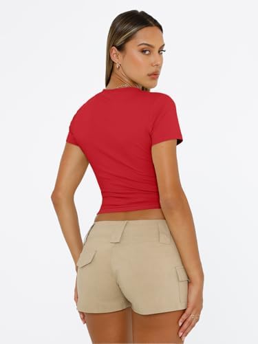 Trendy Queen Womens Short Sleeve T Shirts Summer Crop Tops Basic Slim Fit Gym Workout Y2k Clothes