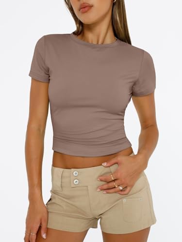 Trendy Queen Womens Short Sleeve T Shirts Summer Crop Tops Basic Slim Fit Gym Workout Y2k Clothes