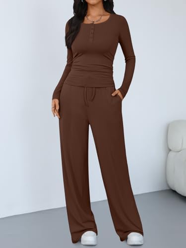 Trendy Queen Women's 2 Piece Matching Lounge Sets Long Sleeve Henley Neck Slightly Crop Top Wide Leg Pants Casual Sweat Suit
