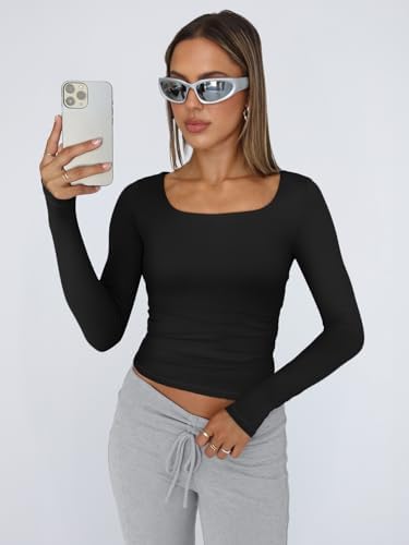 Trendy Queen Womens Long Sleeve Shirts Crop Tops Fall Fashion 2025 Square Neck Going Out Basics Tees Y2k Clothes