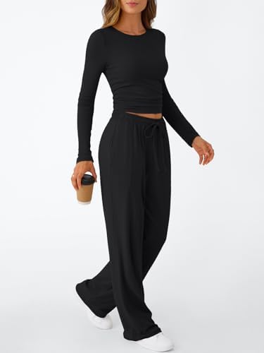 Trendy Queen Women's 2 Piece Matching Lounge Set Long Sleeve Slightly Crop Top Wide Leg Pants Casual Sweatsuit