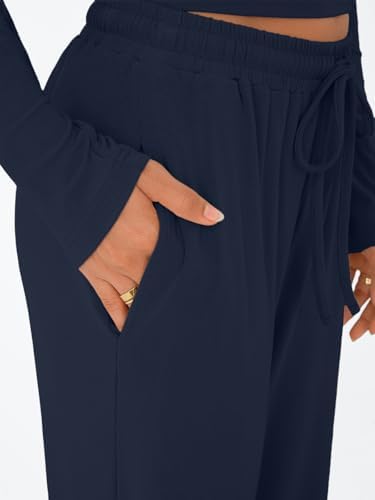Trendy Queen Women's 2 Piece Matching Lounge Set Long Sleeve Slightly Crop Top Wide Leg Pants Casual Sweatsuit