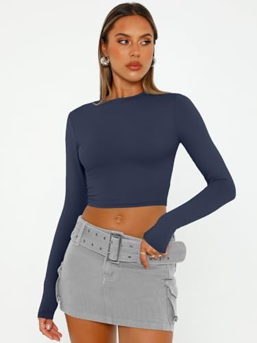 Trendy Queen Womens Long Sleeve Crop Tops Basic Slim Fitted Shirts Fashion 2025 Going Out Y2k Tops Teen Girl Clothes