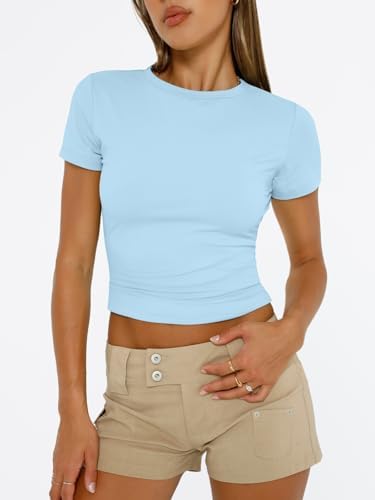 Trendy Queen Womens Short Sleeve T Shirts Summer Crop Tops Basic Slim Fit Gym Workout Y2k Clothes