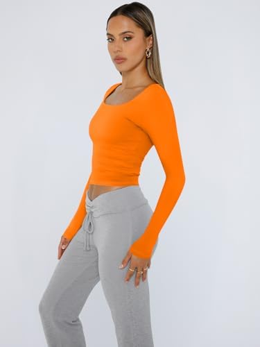 Trendy Queen Womens Long Sleeve Shirts Crop Tops Fall Fashion 2025 Square Neck Going Out Basics Tees Y2k Clothes