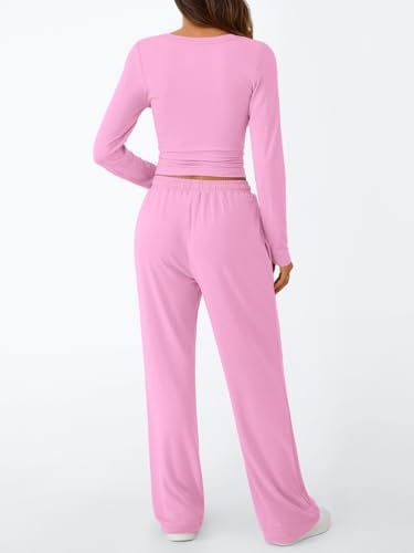 Trendy Queen Women's 2 Piece Matching Lounge Set Long Sleeve Slightly Crop Top Wide Leg Pants Casual Sweatsuit