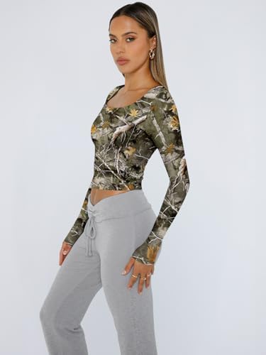 Trendy Queen Womens Long Sleeve Shirts Crop Tops Fall Fashion 2025 Square Neck Going Out Basics Tees Y2k Clothes