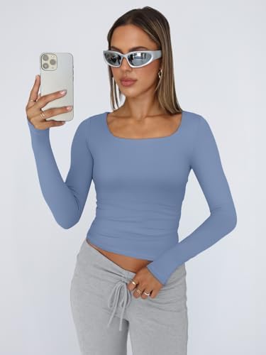 Trendy Queen Womens Long Sleeve Shirts Crop Tops Fall Fashion 2025 Square Neck Going Out Basics Tees Y2k Clothes