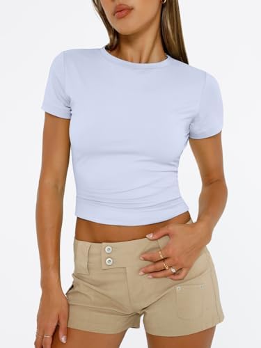 Trendy Queen Womens Short Sleeve T Shirts Summer Crop Tops Basic Slim Fit Gym Workout Y2k Clothes