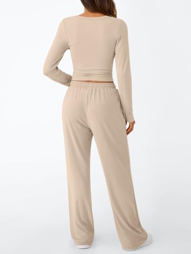 Trendy Queen Women's 2 Piece Matching Lounge Set Long Sleeve Slightly Crop Top Wide Leg Pants Casual Sweatsuit