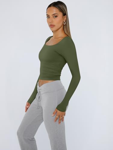 Trendy Queen Womens Long Sleeve Shirts Crop Tops Fall Fashion 2025 Square Neck Going Out Basics Tees Y2k Clothes