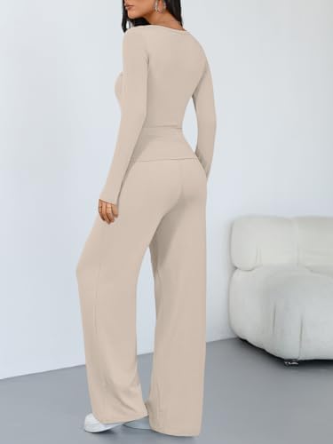 Trendy Queen Women's 2 Piece Matching Lounge Sets Long Sleeve Henley Neck Slightly Crop Top Wide Leg Pants Casual Sweat Suit
