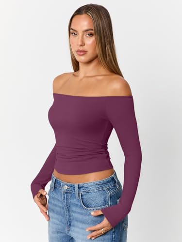 Trendy Queen Womens Long Sleeve Off The Shoulder Tops Going Out Cute Basic Y2K Fall Fashion 2025 Outfits Clothes