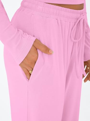 Trendy Queen Women's 2 Piece Matching Lounge Set Long Sleeve Slightly Crop Top Wide Leg Pants Casual Sweatsuit