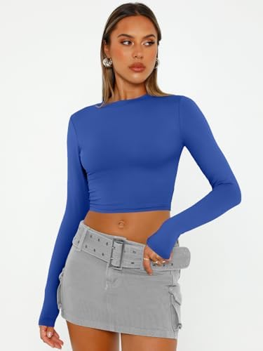 Trendy Queen Womens Long Sleeve Crop Tops Basic Slim Fitted Shirts Fashion 2025 Going Out Y2k Tops Teen Girl Clothes
