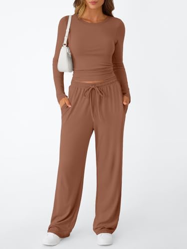 Trendy Queen Women's 2 Piece Matching Lounge Set Long Sleeve Slightly Crop Top Wide Leg Pants Casual Sweatsuit