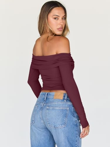Trendy Queen Women Long Sleeve Shirts Off Shoulder Tops Going Out Crop Sexy Slim Fitted Y2K Fall Outfits 2025 Fashion Clothes