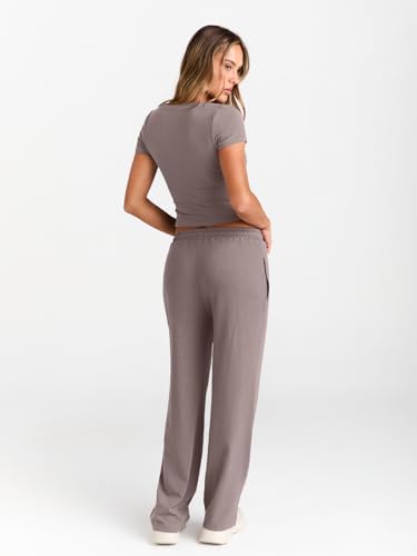 Trendy Queen 2 Piece Matching Summer Sweatsuit Lounge Set Womens Wide Leg Pants Side Ruching Crop Top Sets