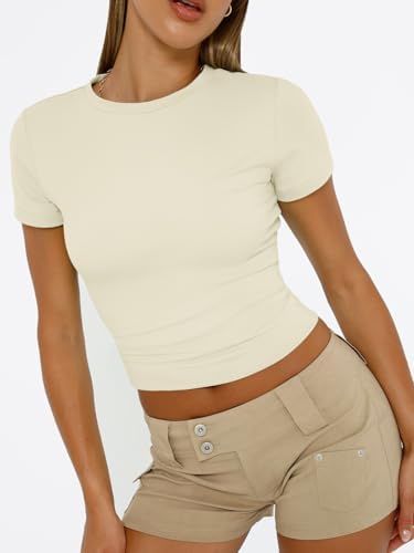 Trendy Queen Womens Short Sleeve T Shirts Summer Crop Tops Basic Slim Fit Gym Workout Y2k Clothes