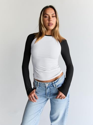 Trendy Queen Women's Long Sleeve Shirts Slim Fit Stretchy Color Block Slightly Cropped Tops