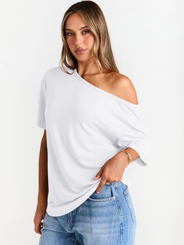 Trendy Queen Womens Off The Shoulder Tops Oversized T-Shirts Short Sleeve Tees Summer 2025 Casual Spring Fashion Clothes
