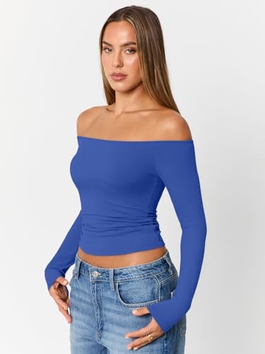 Trendy Queen Womens Long Sleeve Off The Shoulder Tops Going Out Cute Basic Y2K Fall Fashion 2025 Outfits Clothes