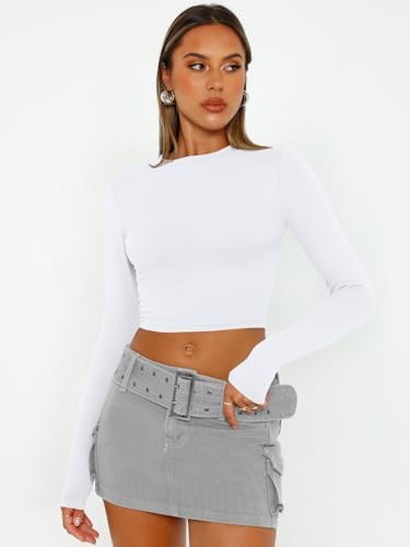Trendy Queen Womens Long Sleeve Crop Tops Basic Slim Fitted Shirts Fashion 2025 Going Out Y2k Tops Teen Girl Clothes