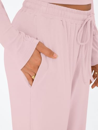 Trendy Queen Women's 2 Piece Matching Lounge Set Long Sleeve Slightly Crop Top Wide Leg Pants Casual Sweatsuit