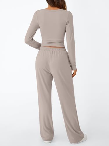 Trendy Queen Women's 2 Piece Matching Lounge Set Long Sleeve Slightly Crop Top Wide Leg Pants Casual Sweatsuit