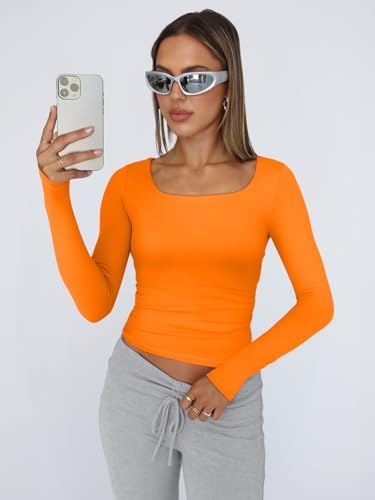 Trendy Queen Womens Long Sleeve Shirts Crop Tops Fall Fashion 2025 Square Neck Going Out Basics Tees Y2k Clothes