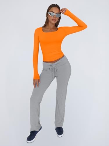Trendy Queen Womens Long Sleeve Shirts Crop Tops Fall Fashion 2025 Square Neck Going Out Basics Tees Y2k Clothes