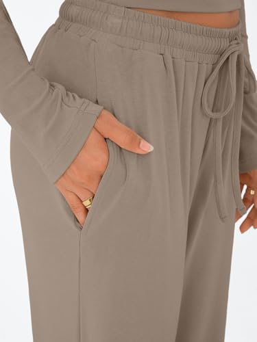 Trendy Queen Women's 2 Piece Matching Lounge Set Long Sleeve Slightly Crop Top Wide Leg Pants Casual Sweatsuit
