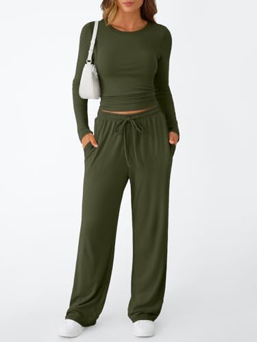 Trendy Queen Women's 2 Piece Matching Lounge Set Long Sleeve Slightly Crop Top Wide Leg Pants Casual Sweatsuit
