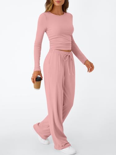 Trendy Queen Women's 2 Piece Matching Lounge Set Long Sleeve Slightly Crop Top Wide Leg Pants Casual Sweatsuit