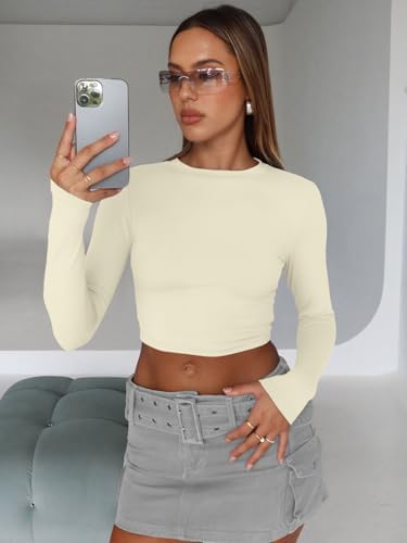 Trendy Queen Womens Long Sleeve Crop Tops Basic Slim Fitted Shirts Fashion 2025 Going Out Y2k Tops Teen Girl Clothes