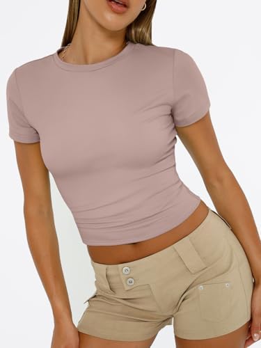 Trendy Queen Womens Short Sleeve T Shirts Summer Crop Tops Basic Slim Fit Gym Workout Y2k Clothes