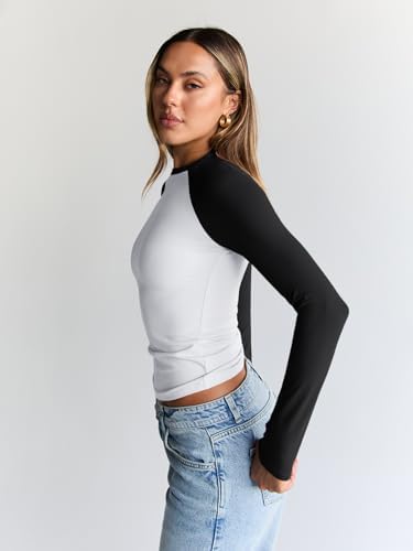 Trendy Queen Women's Long Sleeve Shirts Slim Fit Stretchy Color Block Slightly Cropped Tops