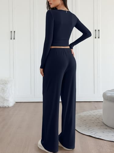 Trendy Queen 2 Piece Matching Lounge Sets for Women Fall Fashion 2025 Two Piece Outfits Henley Crop Tops Wide Leg Pants