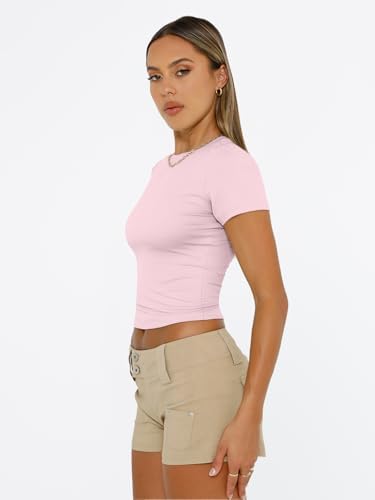 Trendy Queen Womens Short Sleeve T Shirts Summer Crop Tops Basic Slim Fit Gym Workout Y2k Clothes