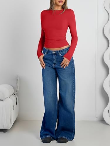 Trendy Queen Womens Long Sleeve Shirts Crop Tops Fall Fashion 2025 Going Out Basic Winter Clothes