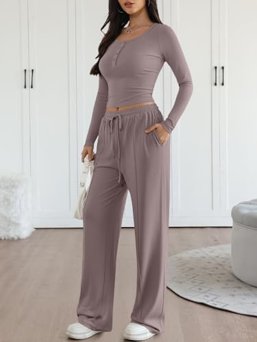 Trendy Queen 2 Piece Matching Lounge Sets for Women Fall Fashion 2025 Two Piece Outfits Henley Crop Tops Wide Leg Pants